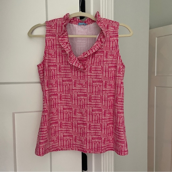 J. McLaughlin Catalina Ruffle V Neck Sleeveless Tank Pink Print - Picture 1 of 4